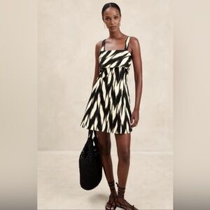 Banana Republic Linen Cotton Black Cream Square Neck Trapeze Summer Mini Dress